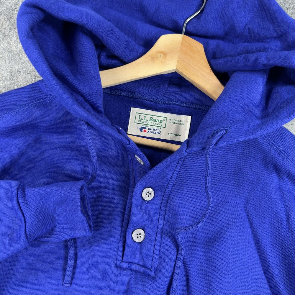 Vintage L.L.Bean x Russel Hoodie Mens Medium Blue Henley Fleece Pullover USA